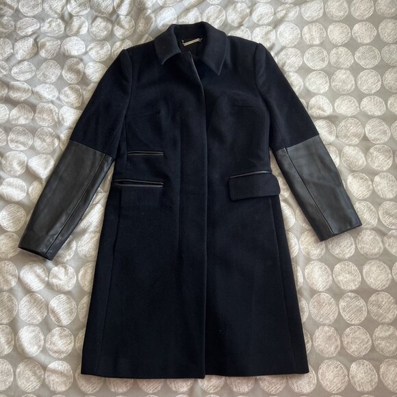 Diane Von Furstenberg DVF  Black Wool Cashmere Leather Trim Sterling Pea Coat 6 - Picture 1 of 16